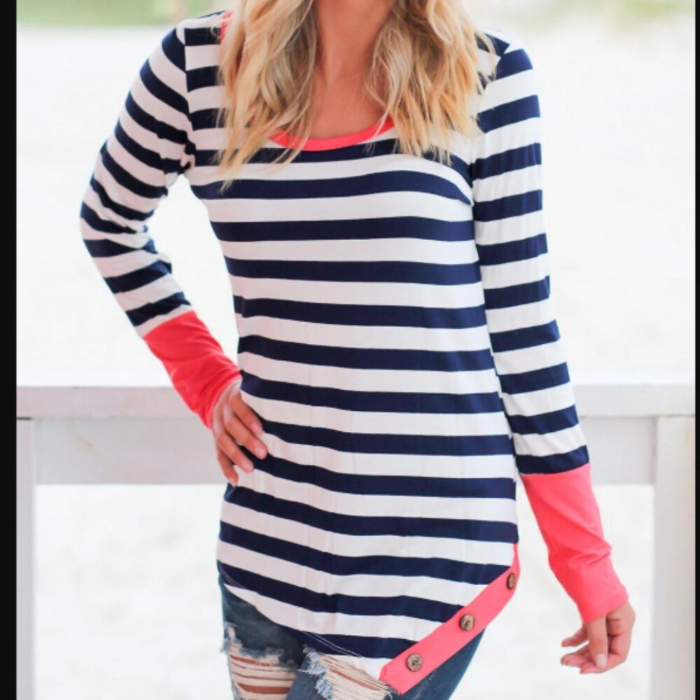 Twenty Second Black and White Striped Top with Coral Details